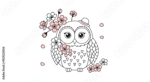 Owl with flowers and petals in pastel colors