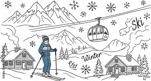 Winter Ski Scene with Mountains Cabins and Snowflakes in Black and White skiing