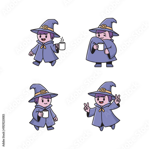 Cartoon wizard character set with coffee and gestures in blue robes and hat
