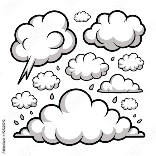 Comic Clouds in Monochrome: A collection of stylized comic clouds float across the scene. These illustrations embody the simple elegance of line art. These illustrations evoke a sense of playfulness.