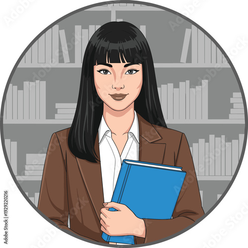 Confident Female Teacher or Librarian Holding Book in Library, Professional Woman Education Portrait Vector Illustration
