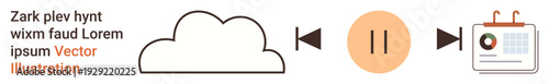 Cloud storage, data management, time tracking, workflow automation, productivity, business efficiency. Cloud with pause and forward icons linked to calendar analytics. Cloud storage and data