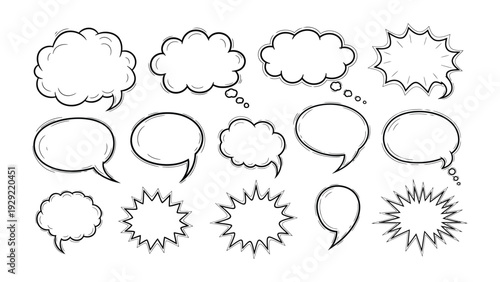 Comic Speech Bubble Collection: A diverse compilation of comic speech bubbles, ready to inject personality and flair into any project. Featuring an array of shapes.