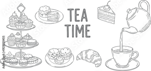 Black and white of tea time with cakes croissants and teapot pouring