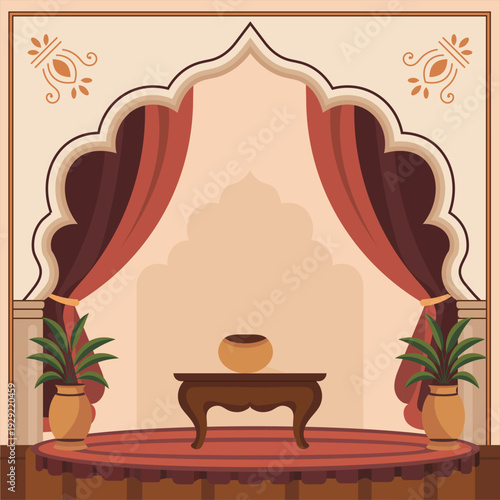 Elegant traditional Indian interior with ornate archway and red curtains