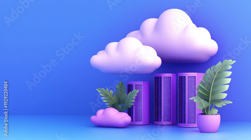 Wallpaper Mural Sleek and Modern Cloud Computing Conceptual Illustration with Soft Puffy Clouds, Technological Icons, and Networking Cables in a Harmonious Blue Gradient Background Torontodigital.ca