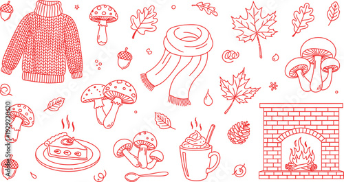 Red line autumn cozy scene with mushrooms sweater scarf fireplace cake and mug