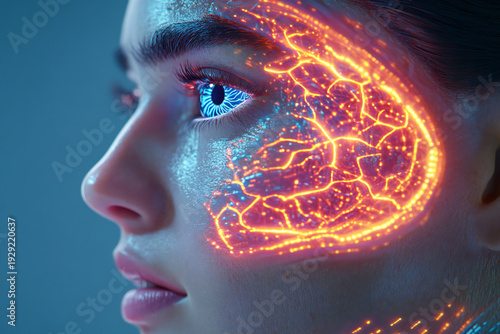 Wallpaper Mural Futuristic Humanoid Head with Glowing Blue and Yellow Eyes Embedded in a Vibrant Neon Neural Network, Representing Advanced Artificial Intelligence and Cutting-Edge Technology Torontodigital.ca