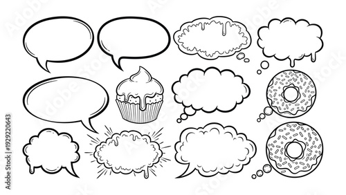 Artistic Expression in Words: Comic-style speech bubbles and food icons. A visual composition for creative design projects