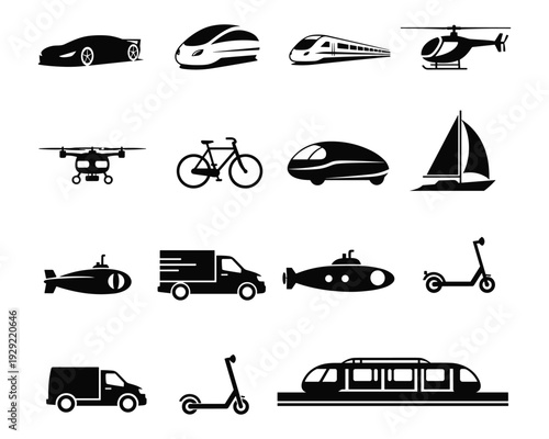 Transportation vehicle silhouette icons for travel and logistics delivery service