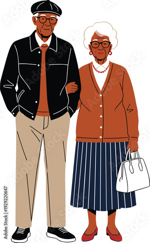 Happy Senior Couple Standing Together in Casual Outfit, Elderly Man and Woman Lifestyle Portrait Vector Illustration