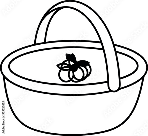Black and white line of a basket with a bee inside line black and white handle container