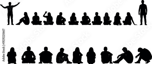 Black silhouette vector of diverse crowd sitting and standing on white background for audience lecture or community group training concepts