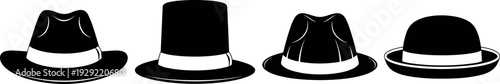 Classic black and white vector silhouette collection of four vintage mens hats featuring fedora top hat and a bowler design
