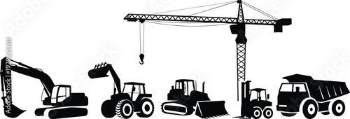 Diverse construction machinery silhouettes including an excavator, bulldozer, loader, forklift, dump truck and tower crane