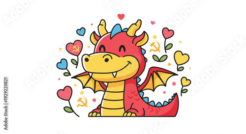 Cute red dragon with yellow belly and hearts