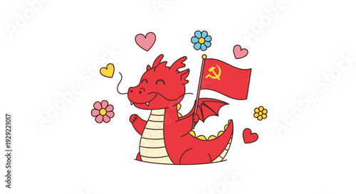 Red dragon holding flag with hammer and sickle surrounded by flowers and hearts
