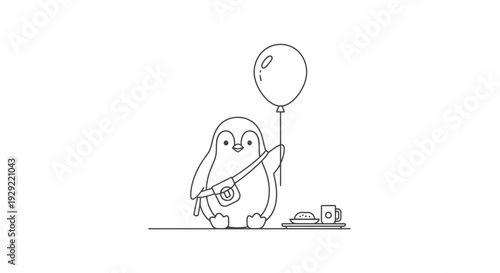 Birthday Party Penguin with Balloon and Cake