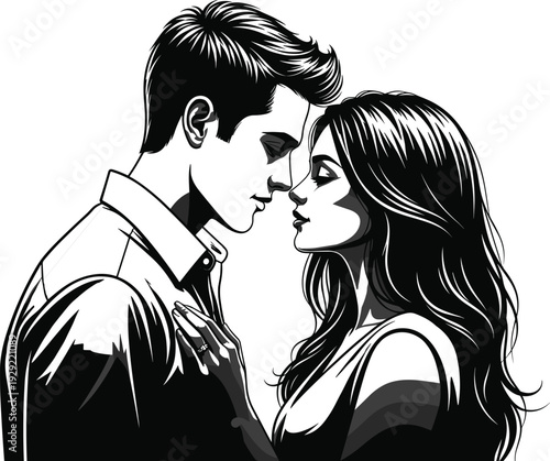 Black-and-white vector silhouette illustration of romantic couple standing closely with foreheads touching, symbolizing intimacy, love, affection, and emotional connection themes