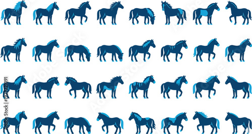 Set of 32 blue horse silhouettes vector