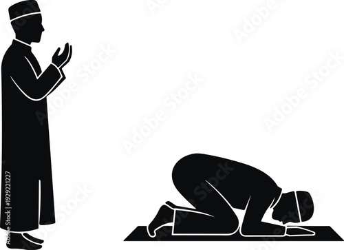 Muslim man standing in prayer and another man prostrating on a prayer mat, black and white of Islamic worship