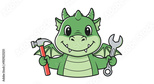 Cartoon Dragon with Hammer and Wrench for Tools and Repairs