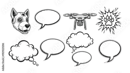 Robotic Dog and Dialogue Bubbles: A creative composition showcasing a robotic dog alongside diverse dialogue bubbles and a drone symbol, perfect for conveying messages and ideas.