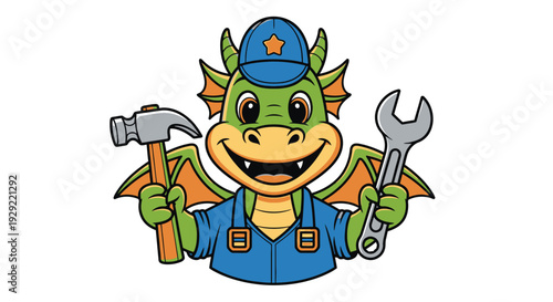 Dragon Mascot in Worker Uniform with Hammer and Wrench