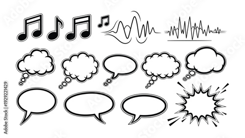 Expressive Elements: a collection of musical notes, sound waves, and thought bubbles. This image offers a glimpse into a world of creativity and imagination, perfect for illustrating ideas, thoughts.