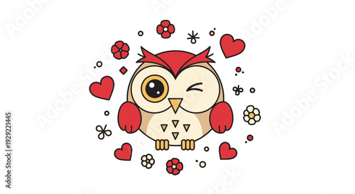 Cute Red Owl Surrounded by Hearts and Flowers for Valentine Theme