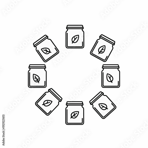 A circle of stylized jars, each adorned with a minimalist leaf design, in a symmetrical arrangement. 