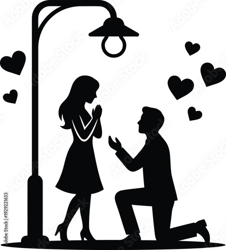 Man proposing to woman under streetlight with hearts