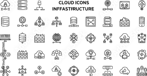 Cloud Infrastructure Technology Line Icons Set. Data, Network, Servers, Computing