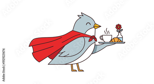 Friendly bird with red cape carrying breakfast tray