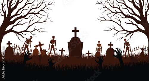 Dark vector silhouette illustration of eerie graveyard with skeletons rising, tombstones, crosses, and haunted trees, symbolizing Halloween, horror, undead, and supernatural themes
