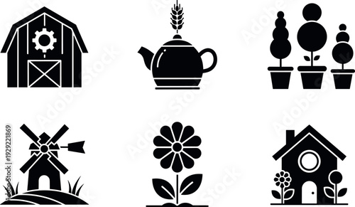 Rural agriculture and farming black vector icon set including a barn, windmill, cottage, potted plants, blooming flower, and herbal tea.