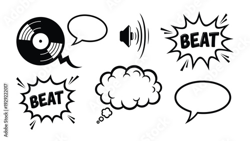 Musical Sound Element: A collection of musical elements, including a vinyl record, thought bubbles, a speaker, and beat captions.