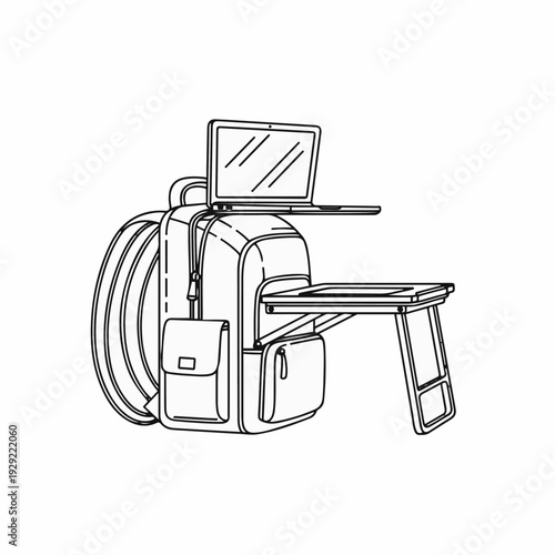 An illustrative portrayal of a modern backpack with integrated workstation, designed for mobile professionals, with a laptop ready to use.