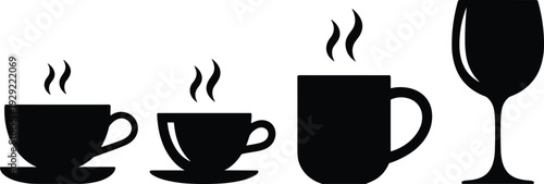 Silhouettes of hot beverages in cups and a wine glass with steam rising from the cups coffee hot drinks