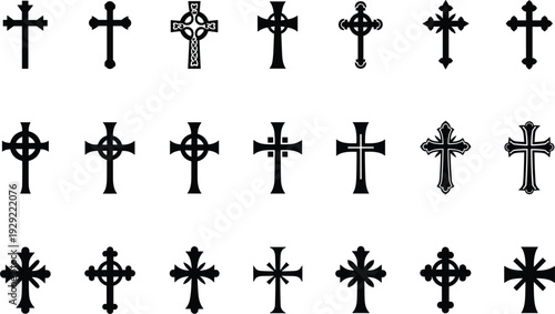 Minimalist Black Christian Cross Icon Set Featuring Traditional Celtic Gothic and Modern Crucifix Silhouettes for Religious Branding Church Graphics and Memorial Design Projects