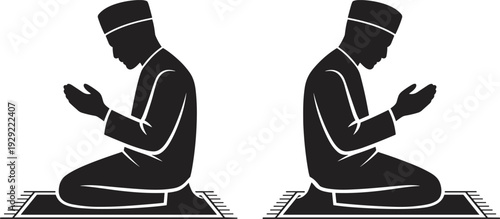Two Muslim men in traditional attire praying on prayer mats, depicted as black silhouettes with white outlines, facing each other in a symmetrical composition