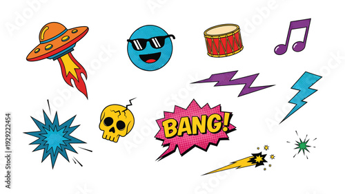 Cartoonish Fun: A vibrant collection of comic book elements, emojis, and musical instruments, each bursting with personality and designed to spark joy.