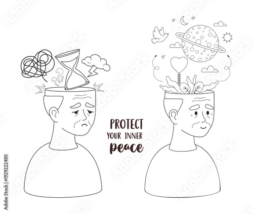 Senior Mental Health Progress. Outline Elderly Man Before and After Stress Transformation with and Positive Quote Wellness Coloring Page, Line drawing. Isolated Vector Illustration