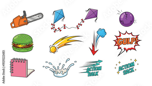 Comic Book Elements Collection: A vibrant collection of comic book elements, showcasing a playful assortment of objects. Perfect for graphic resources and creative projects.