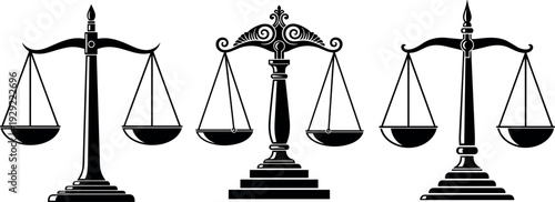 Set of three black and white vector scales of justice illustrations symbolizing law, legal balance, court decisions, and judicial systems.