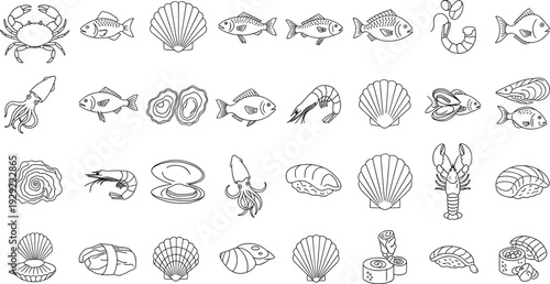 Seafood Line Icons Set with Fish Crab Shrimp Oyster and Shell, Minimal Outline Marine Food Vector Collection