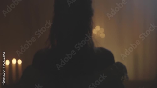 Silhouette happy woman princess walking in dark ball room waving white lace ball gown long hair victorian old style. Sexy girl beauty aristocrat gothic mystery noble lady looks back. black night home