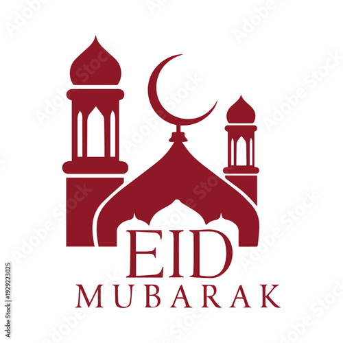 Maroon eid mubarak greeting design with mosque icon isolated on white background