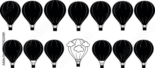 Unique outline hot air balloon standing out from crowd of black silhouettes concept vector illustration of individuality and creative freedom