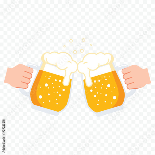 Two Hands Clinking Beer Mugs with Frothy Foam, Celebration Toast Flat Design Vector Illustration